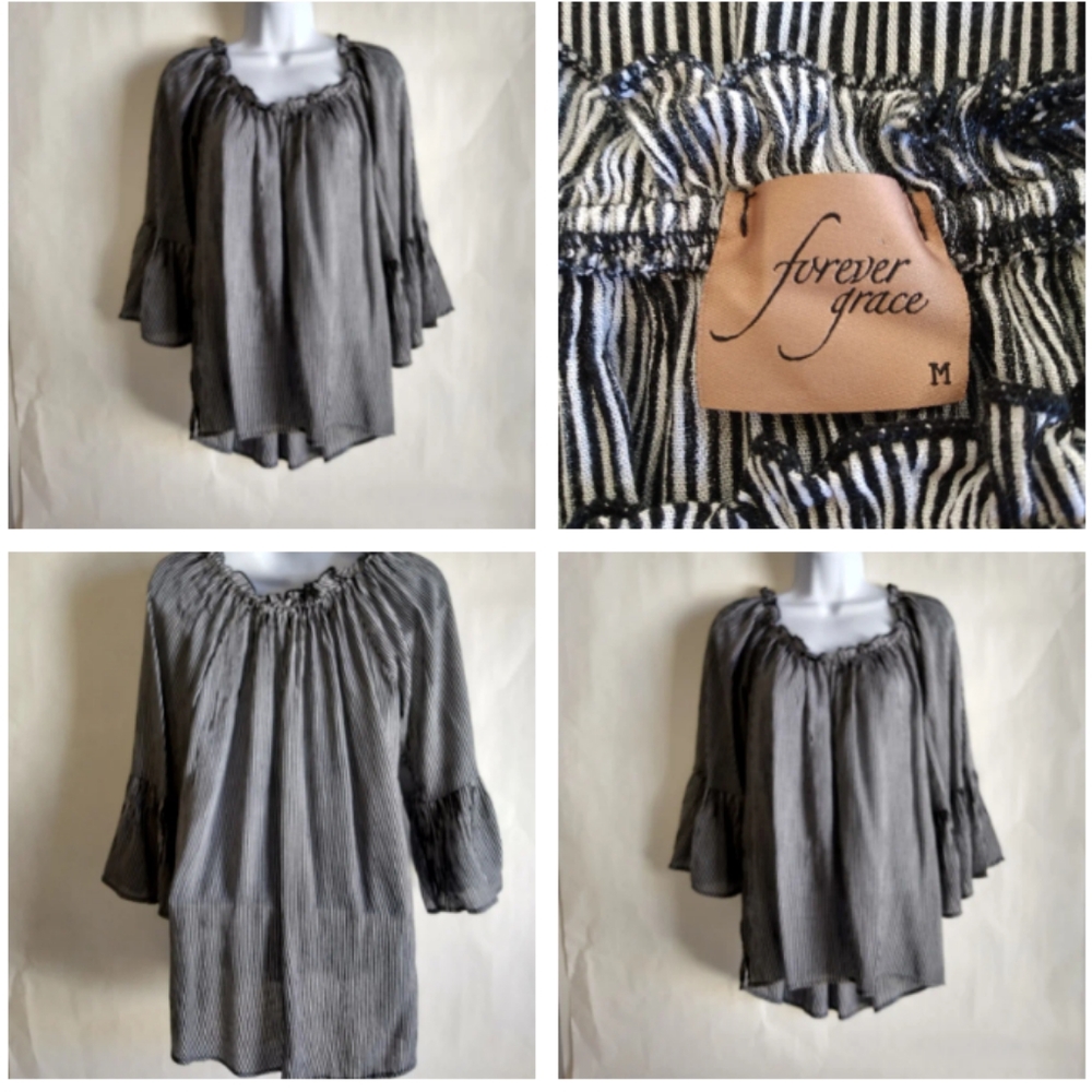 Women's Forever Grace Peasant Top , Size Medium, color black and white stripes,